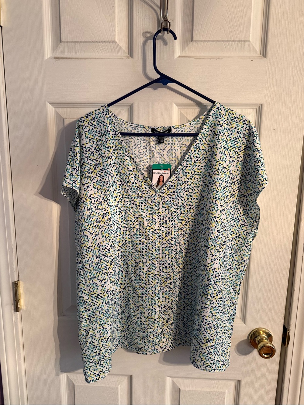 Hilary Radley Short-Sleeve V-Neck Blouse in Blue, Green, White